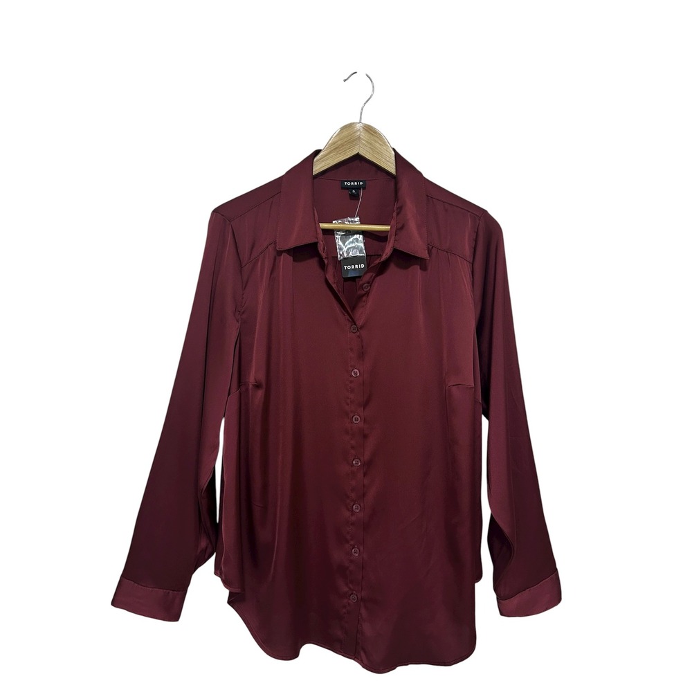 Torrid Madison Satin Button Up Long‎ Sleeve Versatile Shirt Burgundy 0 = L = 12
